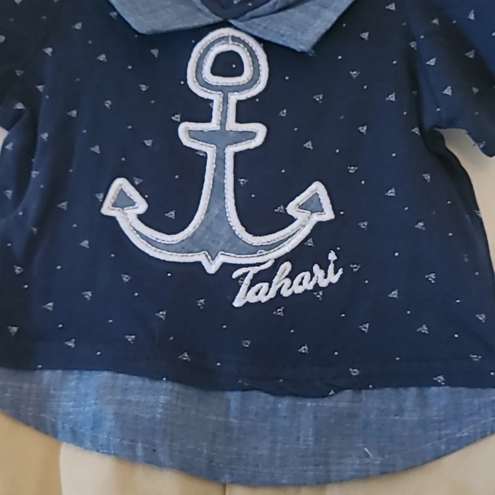 Tahari Romper Shorts, Blue and Khaki, 3/6months - Picture 2 of 6